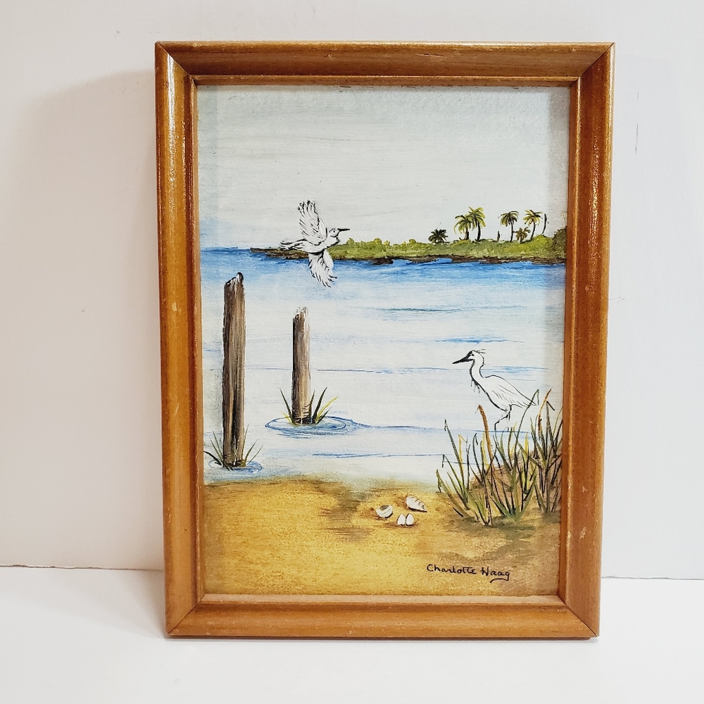 Original Oil Painting Seaside Scene with Herons  Signed Artist Charlotte Haag
